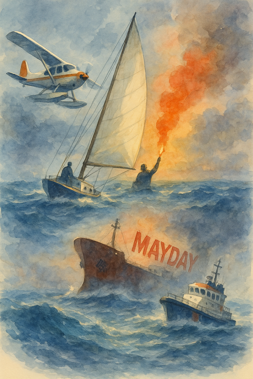 Illustration des signaux de détresse Mayday - avions et bateaux en situation d'urgence